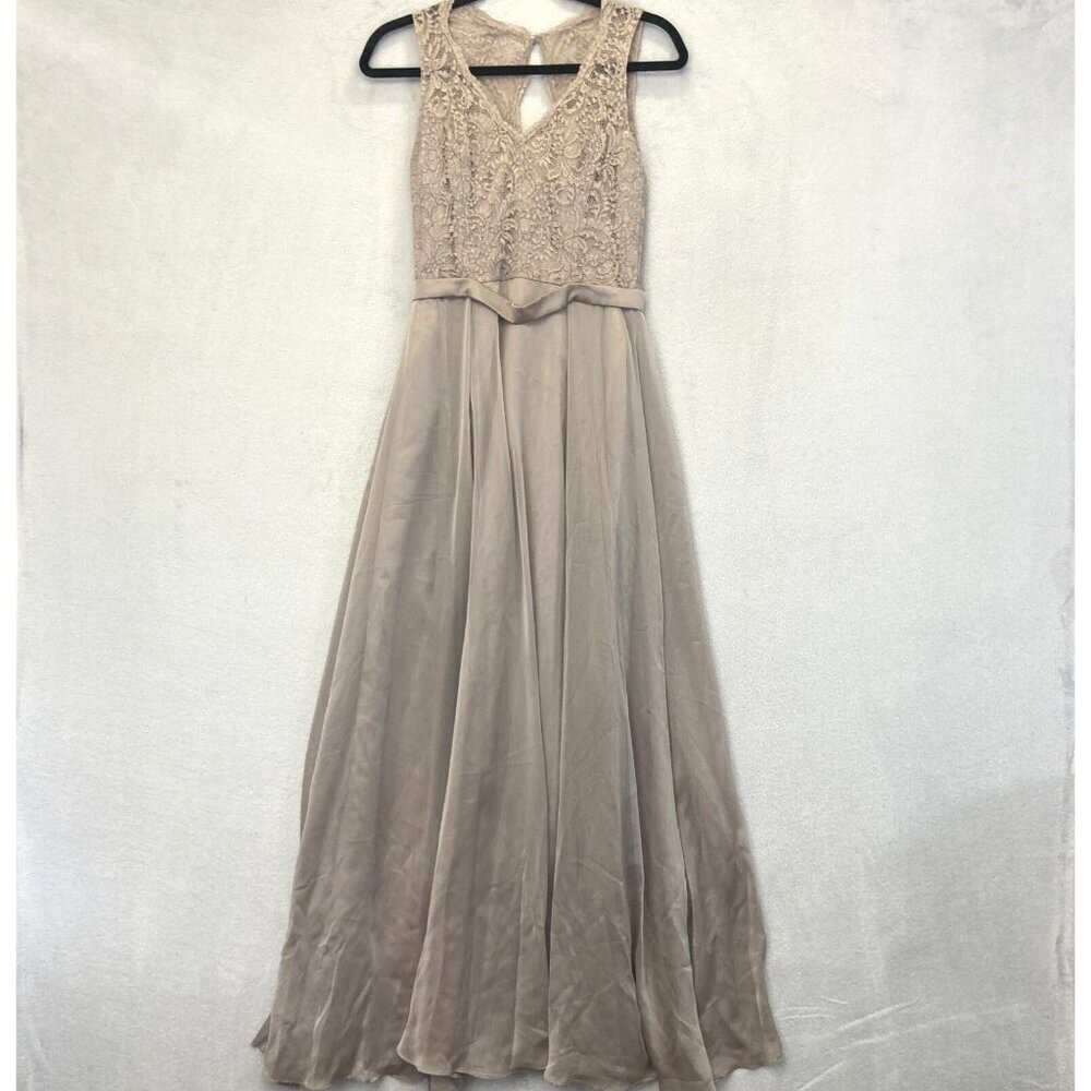 Belsoie Lace Formal Gown Size 8 Taupe Tan Chiffon A-Line Sleeveless Prom Wedding